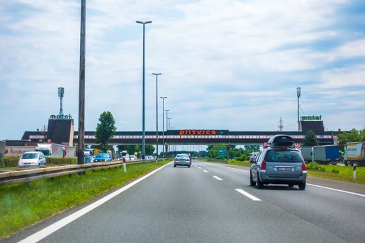 Highway A1 near Zagreb, Croatia, July 1 2018: A1 Highway in Croatia from Zagreb to Split and Adriatic sea is one of the busiest highways during holiday season