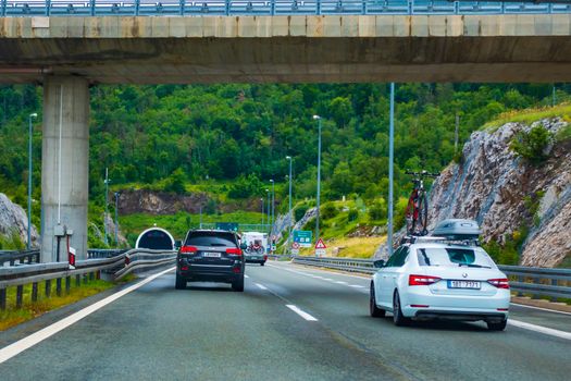 Highway A1, vicinity of Zadar, Croatia, July 1 2018: A1 Highway in Croatia from Zagreb to Split and Adriatic sea is one of the busiest highways during holiday season