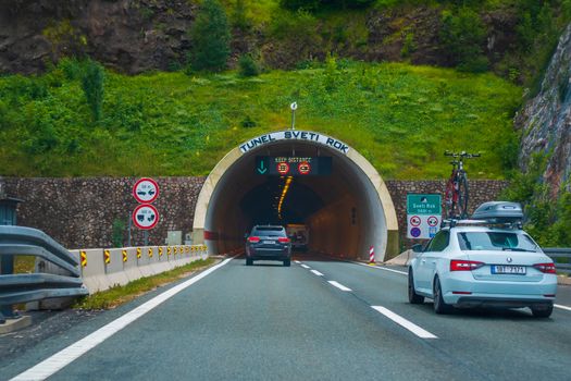 Highway A1 vicinity of Zadar, Croatia, July 1 2018: Entrance to the tunel Sveti Rok on Croatian Highway A1 between Zagreb and Zadar