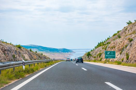 Highway A1 vicinity of Zadar, Croatia, July 1 2018: A1 Highway in Croatia from Zagreb to Split and Adriatic sea is one of the busiest highways during holiday season