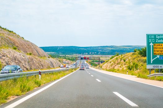 Highway A1 vicinity of Zadar, Croatia, July 1 2018: A1 Highway in Croatia from Zagreb to Split and Adriatic sea is one of the busiest highways during holiday season