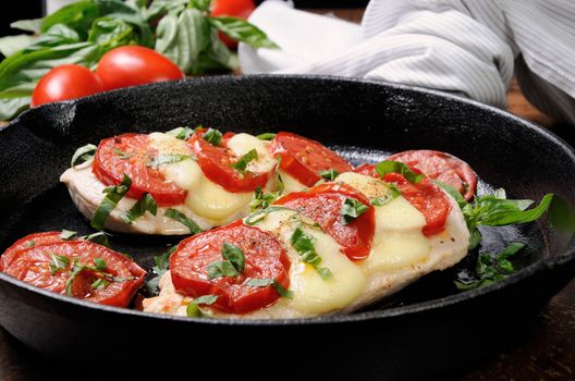 Langet from chicken breast with tomato and mozzarella. A-la caprese.