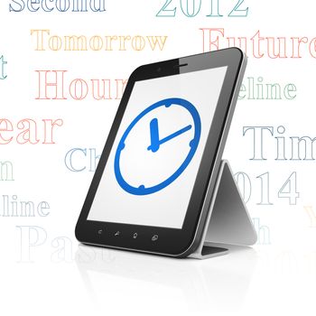 Timeline concept: Tablet Computer with  blue Clock icon on display,  Tag Cloud background, 3D rendering