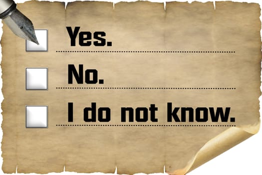 Checkbox with inscription in English "Yes, No, I do not know" on old document paper.
