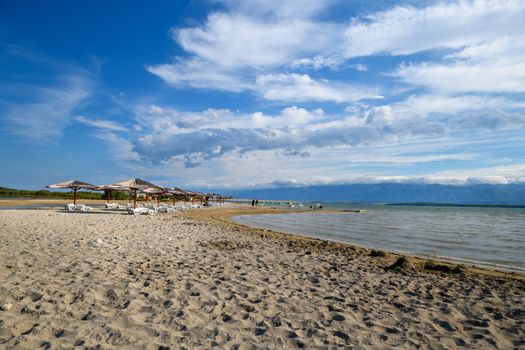 Famous Queens Beach in Nin near Zadar, Croatia. Rare sand beach in the Adriatic sea, due favorable wind the beach is popular for surfing and kitesurfing