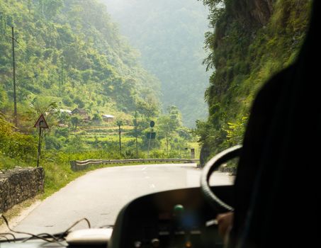 Bus ride on Prithvi Highway between Kathmandu and Pokhara in Nepal