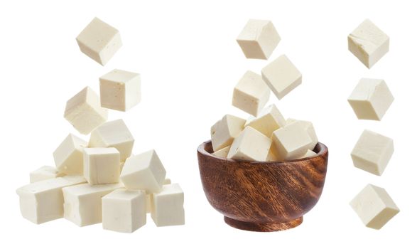 Greek feta cubes. Diced soft cheese isolated on white background with clipping path
