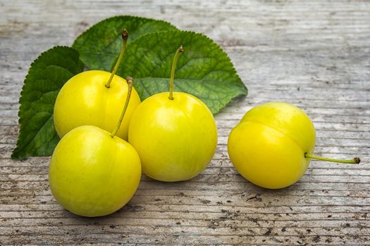 yellow Cherry plum (Prunus cerasifera). ripe of fruit on woody table