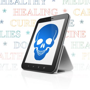 Health concept: Tablet Computer with  blue Scull icon on display,  Tag Cloud background, 3D rendering