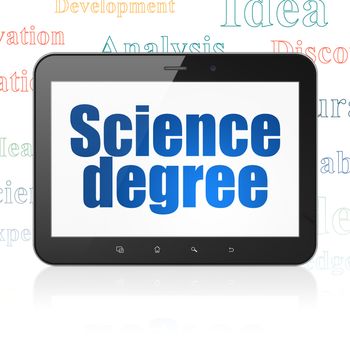Science concept: Tablet Computer with  blue text Science Degree on display,  Tag Cloud background, 3D rendering