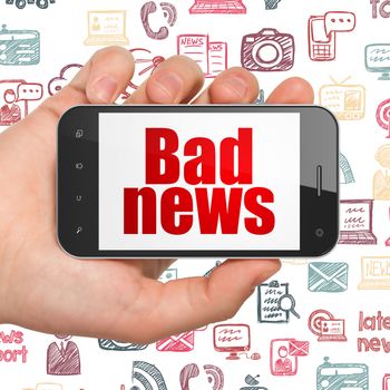 News concept: Hand Holding Smartphone with  red text Bad News on display,  Hand Drawn News Icons background, 3D rendering