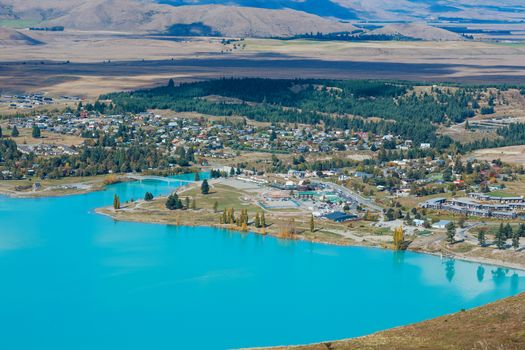 Aerial view of Lake Tekapo from Mount John Observatory in Canterbury, New Zealand