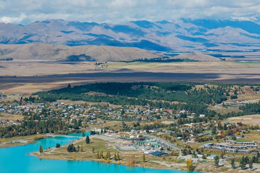 Aerial view of Lake Tekapo from Mount John Observatory in Canterbury, New Zealand