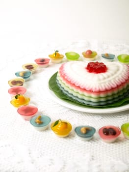 Colorful Coconut jelly Thai dessert with Look Choup , the dessert plated balls