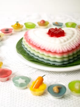 Colorful Coconut jelly Thai dessert with Look Choup , the dessert plated balls