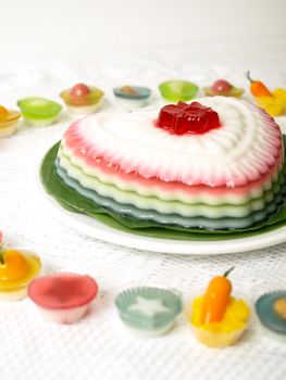 Colorful Coconut jelly Thai dessert with Look Choup , the dessert plated balls