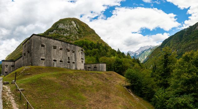 Fortress Kluze - Flitscher Klause near Bovec, Slovenia, built in 1881 and protecting a mountain pass in Alps, during World War I it was Headquarter of Austro-Hungarian army on the Isonzo front