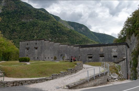 Fortress Kluze - Flitscher Klause near Bovec, Slovenia, built in 1881 and protecting a mountain pass in Alps, todaz it is a museum attracting tourists