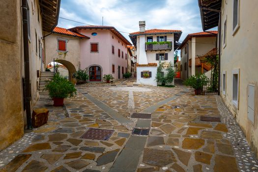 Main Square in Historic medieval town of Smartno in Goriska Brda, Slovenia with narrov streets leading into the town. Due strategic position the town is surrounded with a defensive wall