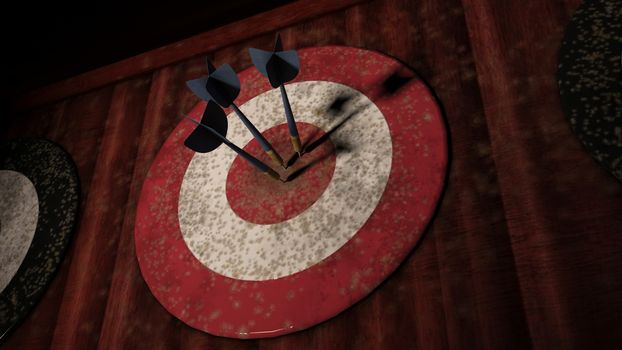 Red Dart Board with 3 dart arrows hitting target - 3d rendering