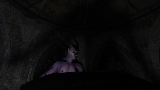 Fallen angel satan in a crypt - 3d rendering
