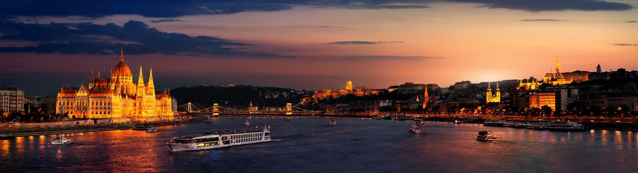 Landmarks of Budapest in panoramic view at twilight