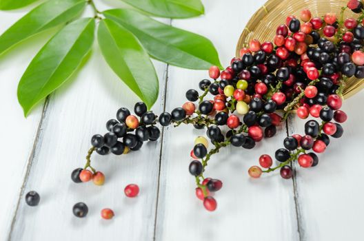 Thai Blueberry in bamboo basket over wooden background , still life