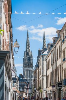 Alley and Gothic Cathedral of Quimper in Finistère in Brittany