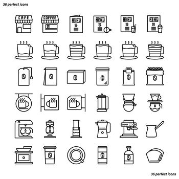Coffee Shop Outline Icons perfect pixel. Use for website, template,package, platform. Concept business object design.