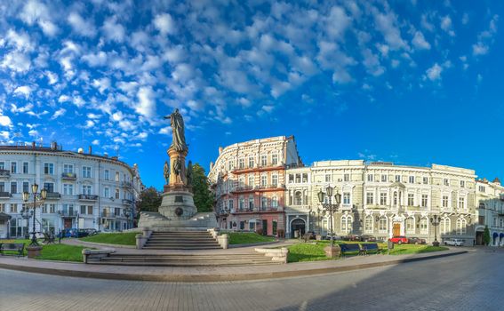 ODESSA, UKRAINE - 08.09.2018. Catherine Square and Monument to empress Catherine the Great in a summer morning