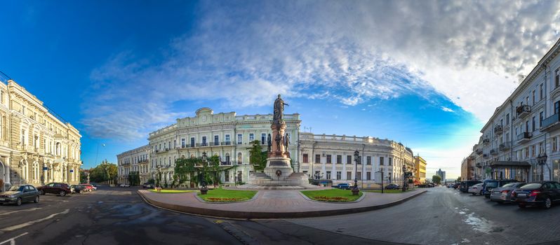 ODESSA, UKRAINE - 08.09.2018. Catherine Square and Monument to empress Catherine the Great in a summer morning