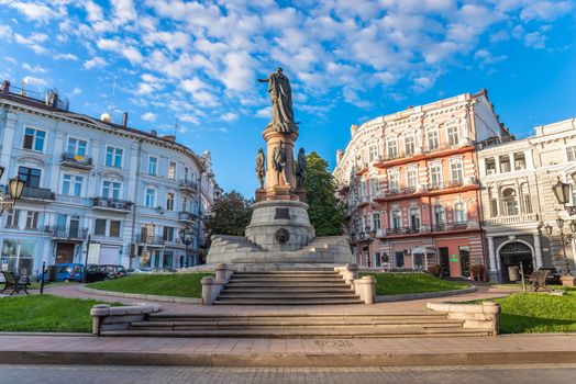 ODESSA, UKRAINE - 08.09.2018. Catherine Square and Monument to empress Catherine the Great in a summer morning