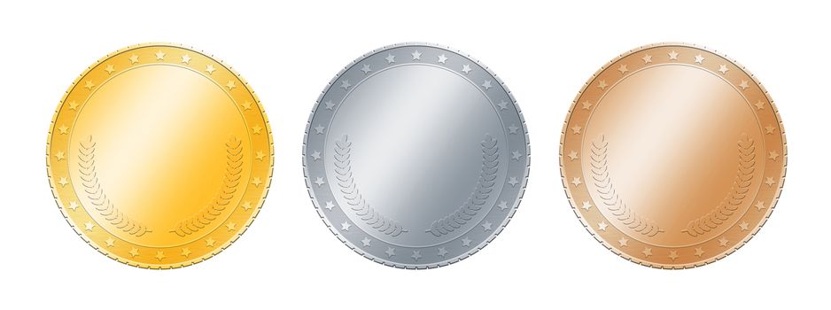 Close up three metal (gold, silver and bronze) blank coins or medals template or award achievement badges isolated on white background