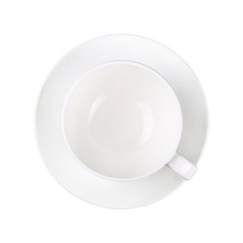 Close up one empty white coffee or tea cup on saucer isolated on white background, elevated top view, directly above