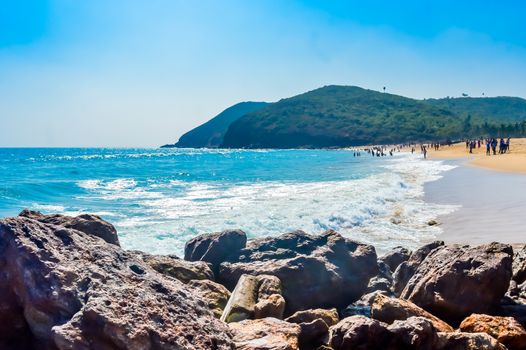 Photograph of Goa Sea Beach taken in Christmas Holiday during New Year celebration in landscape style Use for background screen saver e-cards website banner usage Travel holiday new year celebration