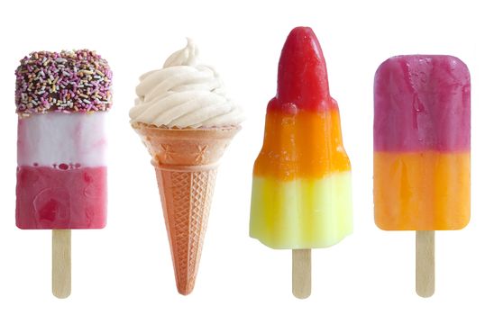 Four assorted icecream and frozen lollies over a white background