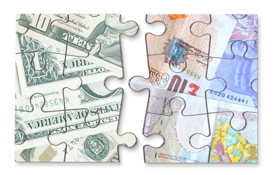 Jigsaw puzzle consisting of dollar and british pound money banknotes over a white background
