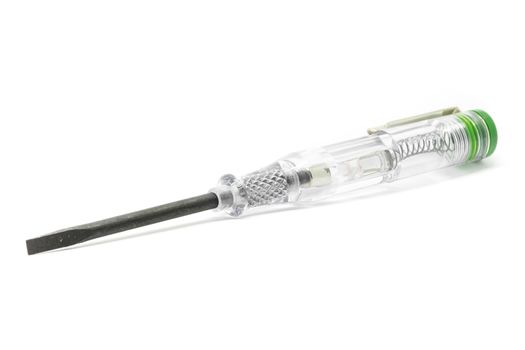 Screwdriver with tester isolated on a white background. Tool to check electric voltage.