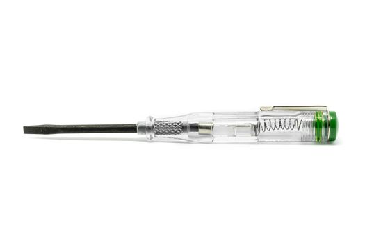 Screwdriver with tester isolated on a white background. Tool to check electric voltage.