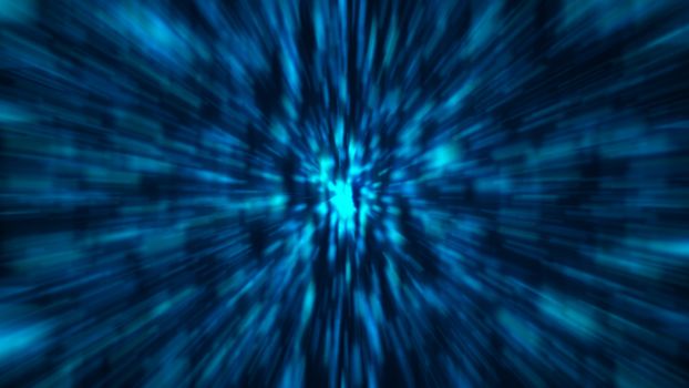 Abstract blue zoom background. Shiny light. 3D rendering