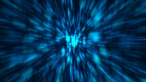 Abstract blue zoom background. Shiny light. 3D rendering