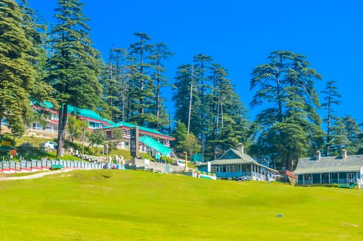 cottages in hill station of grass field in park or garden surrounded with green tree place for relaxing exercise running or walking in park with blue sky and tall trees vacation holiday concept