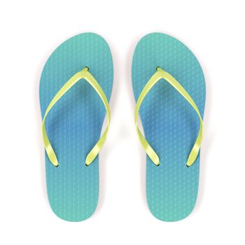 Flip flops on white background, top view