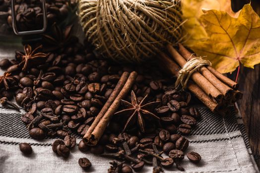 Autumn Still Life. Coffee Beans, Leaves and Some Spices.