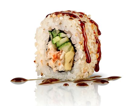 Closeup sushi roll california food isolated on white background. Sushi roll with eel, vegetables and unagi sauce. Reflection.