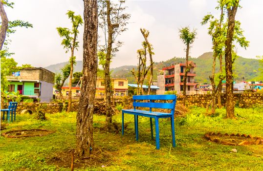 Idyllic mountain village bench and landscape, kathmandu nepal