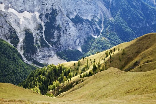 Dolomites mountains landscape on a sunny autumn day