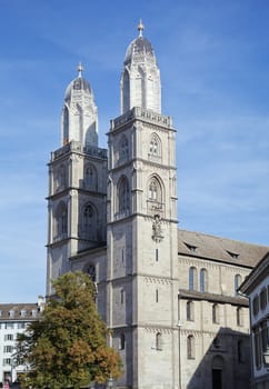 View of Grossmunster cathedral in Zurich on a sunny day