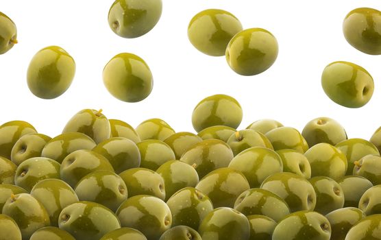 Green olives seamless pattern isolated on white background. Heap of green olives