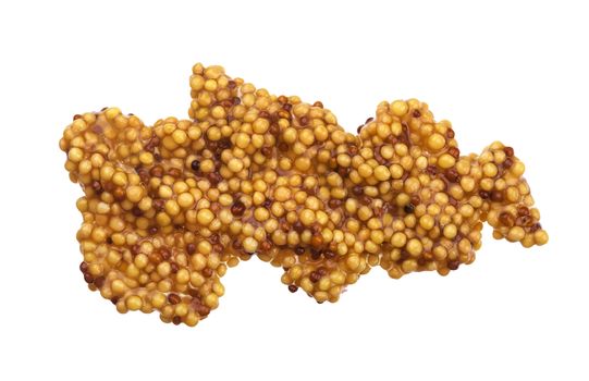 French mustard. Splashes and spilled mustard seeds sauce isolated on white background with clipping path